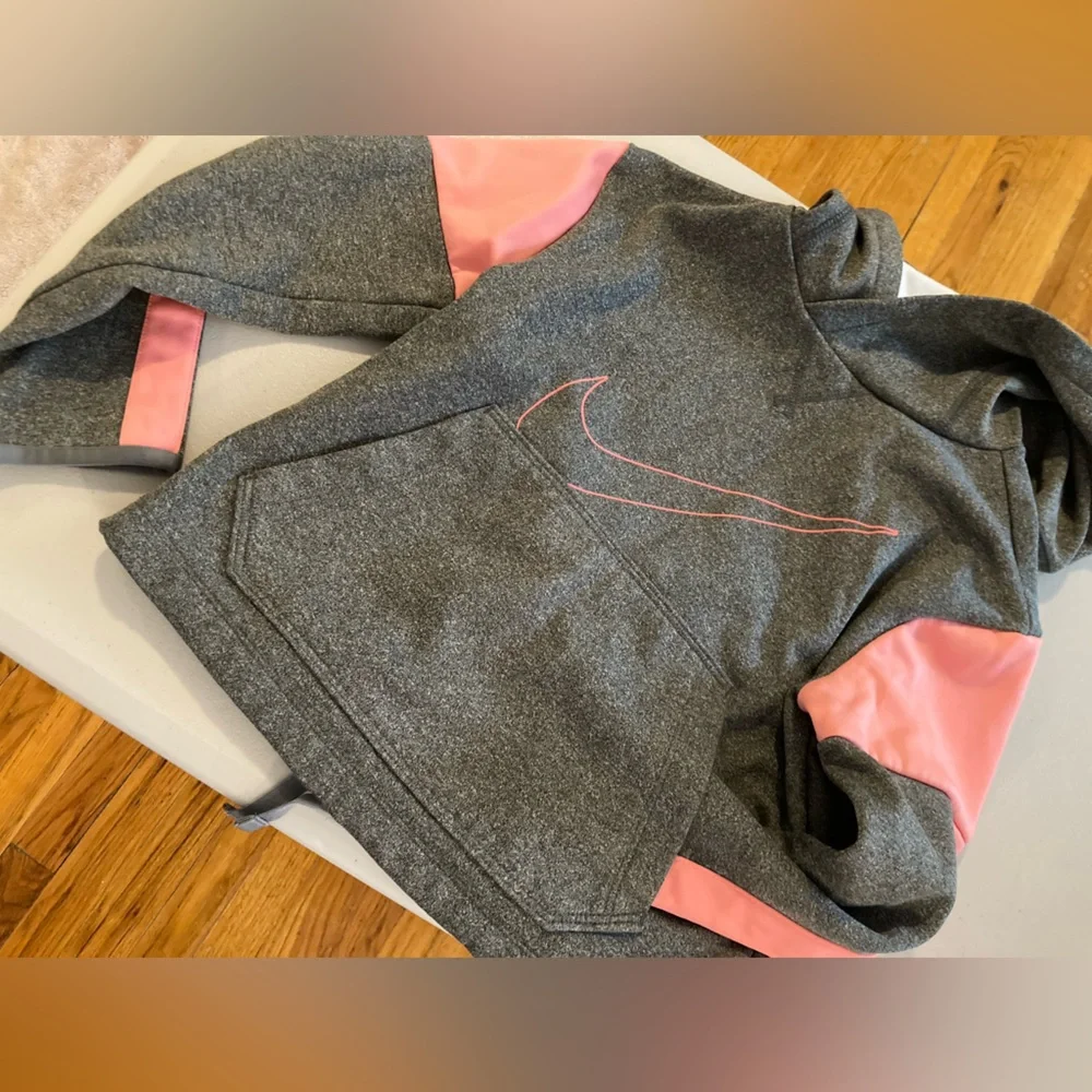 Nike Dri Fit Kids Heathered Gray and Pink Nike Swoosh Light Fleece Lined Hoodie